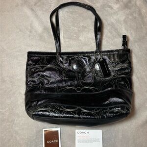 Coach Signature Stitch black patent leather tote shoulder bag
